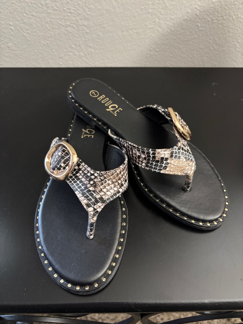 Snake-Print Thong Sandals with Gold Buckle
